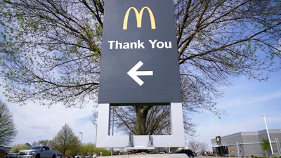 A thank you sign sits in front of a McDonald's restaurant on April 27 in Waukee, Iowa.