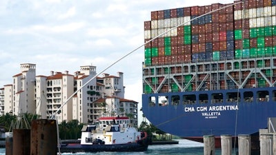 The CMA CGM Argentina arrives at PortMiami, the largest container ship to call at a Florida port, Tuesday, April 6, 2021, in Miami.