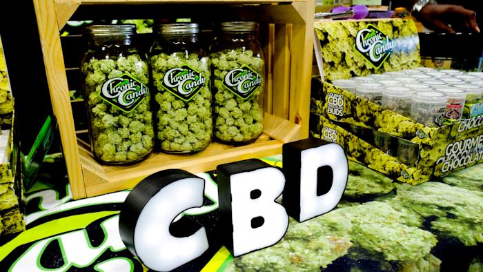 CBD buds of chocolate by Chronic Candy displayed at the Big Industry Show, Los Angeles Convention Center, Aug. 31, 2018.