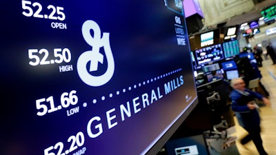 n this Feb. 23, 2018 file photo, the logo for General Mills appears above a trading post on the floor of the New York Stock Exchange.