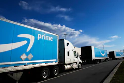 Amazon tractor-trailers outside an Amazon Fulfillment Center, Staten Island, New York, April 21, 2020.