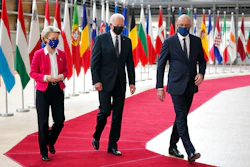 President Joe Biden, center, walks with European Council President Charles Michel, right, and European Commission President Ursula von der Leyen during the United States-European Union Summit at the European Council in Brussels, Tuesday, June 15, 2021.