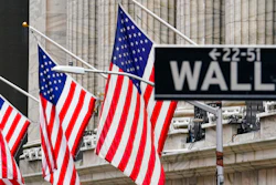 American flags hang outside of the New York Stock Exchange, in this Feb. 16, 2021 photo.