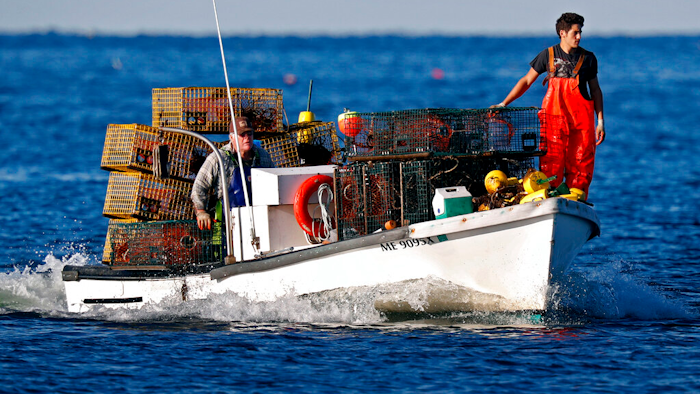 In this Aug. 24, 2019 photo, Adam Daggett stands lookout on the bow as his father, John Daggett, pilots their boat at Cape Porpoise in Kennebunkport, Maine.