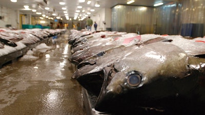 In this March 23, 2016 file photo, tuna caught by foreign fishermen aboard American boats are lined up at the Honolulu Fish Auction at Pier 38 in Honolulu.