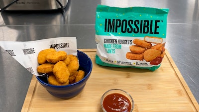 This Sept. 21, 2021 photo shows Impossible Foods’ new meatless nuggets in Redwood City, Calif.