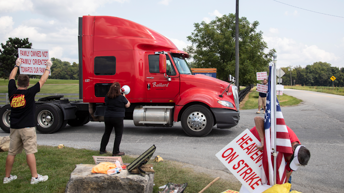 Bettye Jo Boone, a 30 year employee of Heaven Hill, pickets in front of Heaven Hill Distillery in Bardstown, Ky., Monday, Sept. 13, 2021. Declaring an impasse in contract talks with striking union workers, global spirits producer Heaven Hill said Monday, Oct. 18 it will start hiring permanent replacement workers for bottling and warehouse operations in Kentucky.
