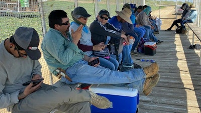 Farmworkers get a shade break while picking melons on a hot day in California.