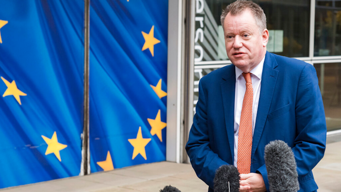 Britain's chief Brexit negotiator David Frost gives a media statement at EU headquarters in Brussels on Nov. 19, 2021.