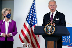 President Joe Biden and European Commission president Ursula von der Leyen talk to reporters about pausing the trade war over steel and aluminum tariffs during the G20 leaders summit, Rome, Oct. 31, 2021.