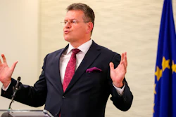 Maros Sefcovic, vice president of European Commission, gestures during a news conference in London on Nov. 12, 2021.