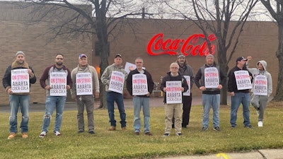 Teamsters Local 773 union members picketing outside the ABARTA Coca-Cola Beverages distribution center in Bethlehem, PA.