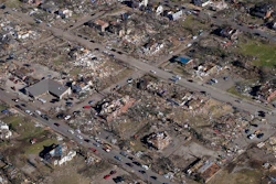 Aerial photo of destruction in the aftermath of tornadoes in downtown Mayfield, Ky., Dec. 12, 2021.