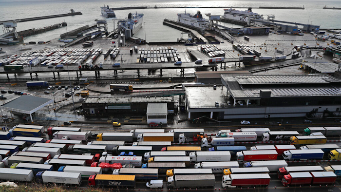 Lorries queue at Check-in at the port in Dover on Dec. 11, 2020.