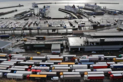 Lorries queue at Check-in at the port in Dover on Dec. 11, 2020.