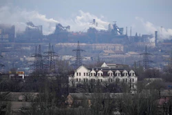 A metallurgical plant is seen on the outskirts of the city of Mariupol, Ukraine on Feb. 24, 2022.