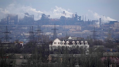 A metallurgical plant is seen on the outskirts of the city of Mariupol, Ukraine on Feb. 24, 2022.