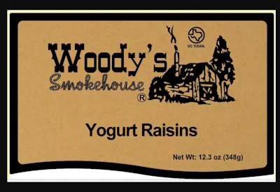 Label, Woody’s Smokehouse Yogurt Raisins