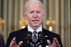 President Joe Biden speaks in the State Dining Room of the White House, March 28, 2022.