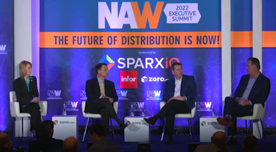 From Left: Graybar president and CEO Kathy Mazzarella, Motion president Randy Breaux, Benco Dental managing director Chuck Cohen and ORS/Medco president and CEO Kevin Short hold a panel discussion during NAW's 2022 Executive Summit on Jan. 26 in Washington, D.C.