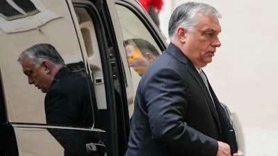 Hungary Prime Minister Viktor Orban arrives at the Vatican to meet Pope Francis, April 21, 2022.