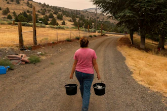 Misty Buckley carries dirty water from her animals' pens to water plants in her front yard, Saturday, July 24, 2021, in Klamath Falls, Ore. Farms that rely on irrigation from a depleted, federally managed lake on the California-Oregon border, along with a Native American tribe fighting to protect fragile salmon, will both receive greatly reduced amounts of water again in the summer of 2022 as a historic drought and record-low reservoir levels drag on in the U.S. West.