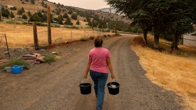 Misty Buckley carries dirty water from her animals' pens to water plants in her front yard, Saturday, July 24, 2021, in Klamath Falls, Ore. Farms that rely on irrigation from a depleted, federally managed lake on the California-Oregon border, along with a Native American tribe fighting to protect fragile salmon, will both receive greatly reduced amounts of water again in the summer of 2022 as a historic drought and record-low reservoir levels drag on in the U.S. West.