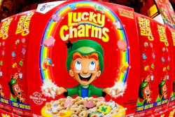 Boxes of General Mills' Lucky Charms cereal are seen on a shelf at a Costco Warehouse in Robinson Township, Pa., Thursday, May 14, 2020. On Saturday, April 16, 2022, the U.S. Food and Drug Administration said that it is investigating Lucky Charms cereal after dozens of customers complained of illness after eating the product.