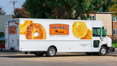 Truck featuring Bimbo Bakeries' Thomas' brand sign, San Jose, Calif.