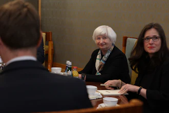 U.S. Treasury Secretary Janet Yellen, second right, attends a meeting with Poland Prime Minister Mateusz Morawiecki in Warsaw, May 16, 2022.