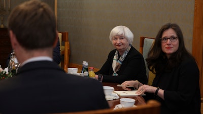 U.S. Treasury Secretary Janet Yellen, second right, attends a meeting with Poland Prime Minister Mateusz Morawiecki in Warsaw, May 16, 2022.