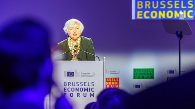U.S. Treasury Secretary Janet Yellen delivers the Tommaso Padoa Schioppa Lecture at the Brussels Economic Forum 2022, May 17, 2022.