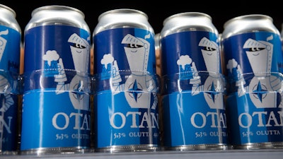 Olaf Brewing Company cans displayed in Savonlinna, Finland, May 17, 2022.
