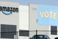 A banner encouraging workers to vote in labor balloting at an Amazon warehouse in Bessemer, Ala., March 30, 2021.