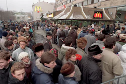 Hundreds of Muscovites line up outside the first McDonald's restaurant in the Soviet Union on its opening day, in Moscow, Jan. 31, 1990.