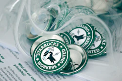 Pro-union pins on display, Dec. 9, 2021.