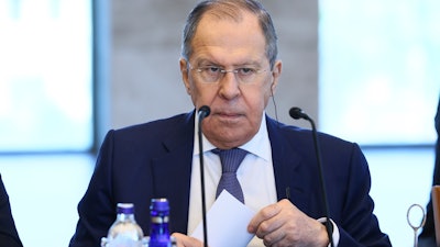 Russia Foreign Minister Sergey Lavrov attends a meeting with Turkish counterpart Mevlut Cavusoglu in Ankara, Turkey, June 8, 2022.