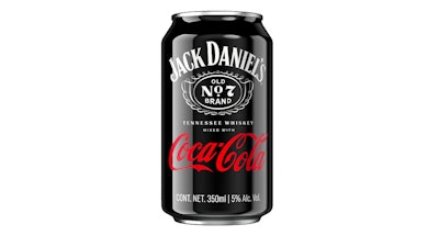 This image provided courtesy of Brown-Forman Corporation and The Coca-Cola Company shows a canned Jack and Coke. Coca-Cola Co. said Monday, June 13, 2022, it’s partnering with Brown-Forman Corp., the maker of Jack Daniel’s Tennessee Whiskey, to sell premixed cocktails. The canned Jack and Coke will be sold globally after a launch in Mexico late this year.