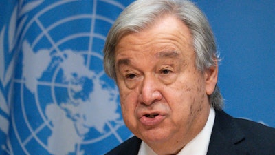 United Nations Secretary-General Antonio Guterres addresses reporters during a news conference in New York, June 8, 2022.
