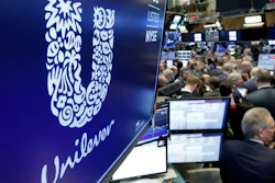 Unilever logo above a trading post on the floor of the New York Stock Exchange, March 15, 2018.