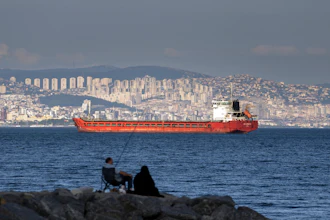 A cargo ship anchored in the Marmara Sea awaits access to cross the Bosphorus Straits, Istanbul, July 13, 2022.