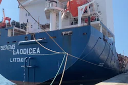 Image from a video of the Syrian cargo ship Laodicea docked in Tripoli, Lebanon, July 29, 2022.