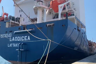 Image from a video of the Syrian cargo ship Laodicea docked in Tripoli, Lebanon, July 29, 2022.