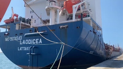 Image from a video of the Syrian cargo ship Laodicea docked in Tripoli, Lebanon, July 29, 2022.