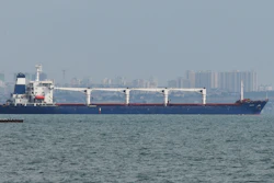 The bulk carrier Razoni starts its way from the port in Odesa, Ukraine, Aug. 1, 2022.