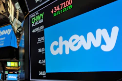 Chewy logo above trading posts on the floor of the New York Stock Exchange, June 14, 2019.