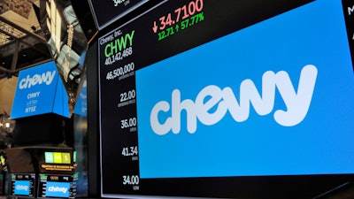 Chewy logo above trading posts on the floor of the New York Stock Exchange, June 14, 2019.