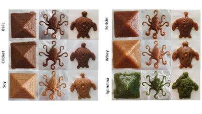 Optimized ink printing of pyramid, octopus and turtle from left to right of different protein inks.