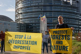 Greenpeace activists protest against deforestation outside the European Parliament, Strasbourg, France, Sept. 13, 2022.