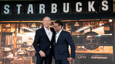 Interim Starbucks CEO Howard Schultz, left, and incoming CEO Laxman Narasimhan during Starbucks Investor Day 2022, Seattle, Sept. 13, 2022.